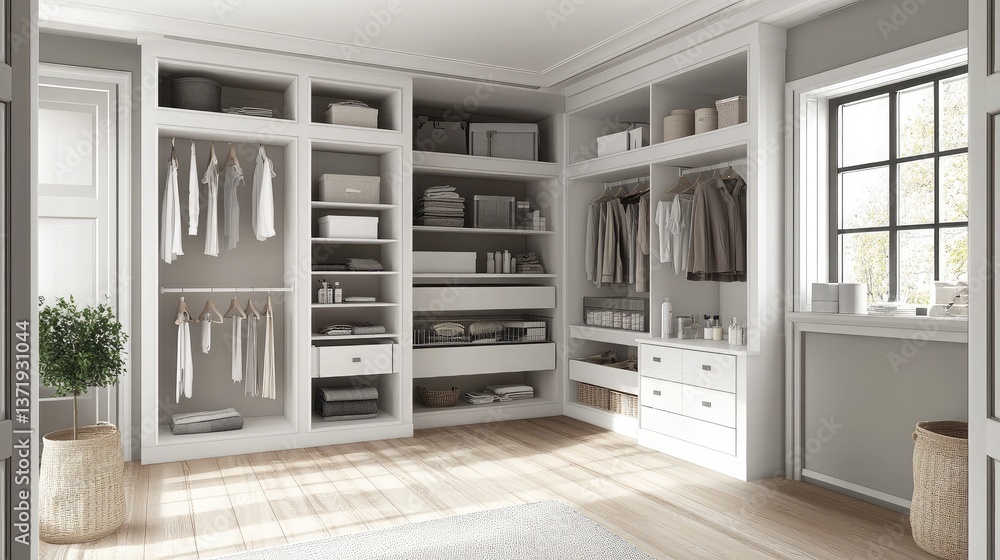 Fototapeta premium A modular white wardrobe system with open shelves and a clean aesthetic.