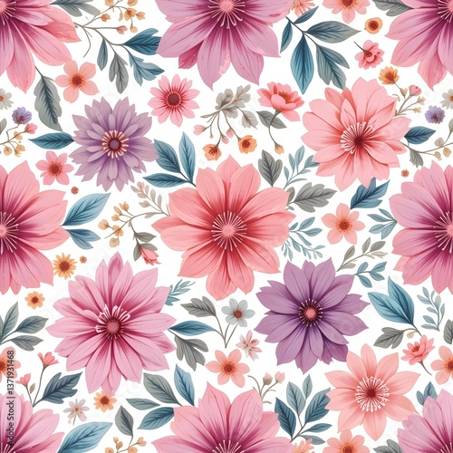 Pastel floral and leaf pattern on a white background,seamless floral pattern