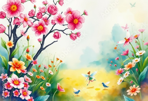 Whimsical watercolor painting of a fairy garden with vibrant blossoms and tiny fairies in a serene setting, garden, nature