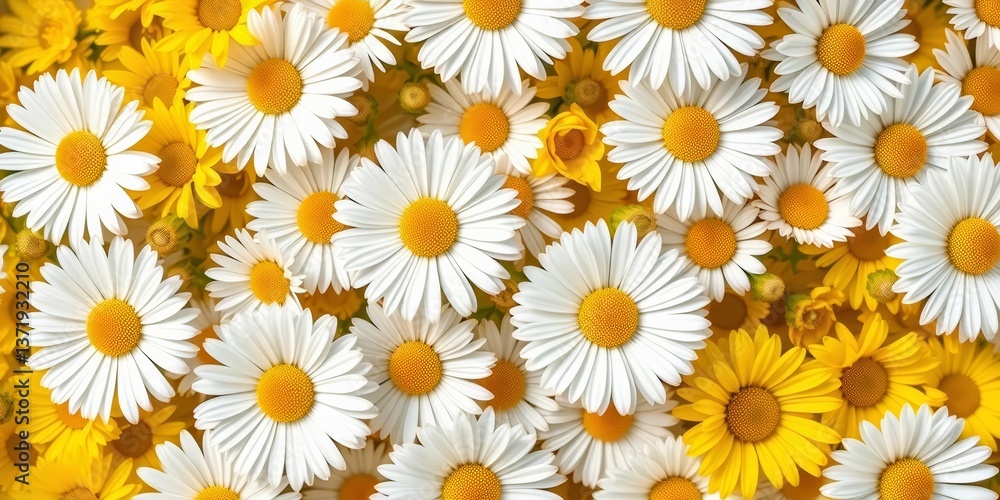 Fototapeta premium White chamomile daisies in a vibrant yellow floral flat lay pattern, top view, bloom, petals