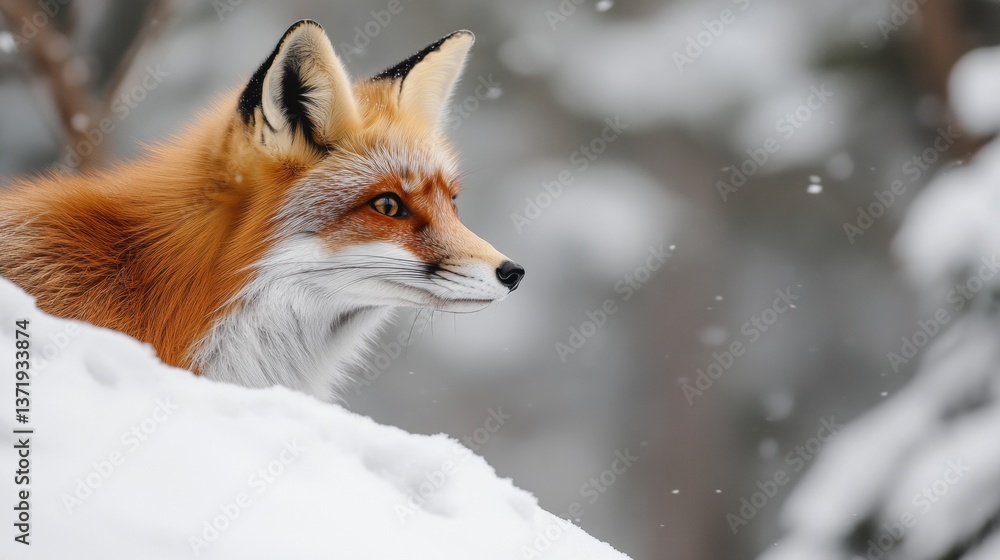 Fototapeta premium A curious red fox standing on a snowy hill, gazing into the distance.