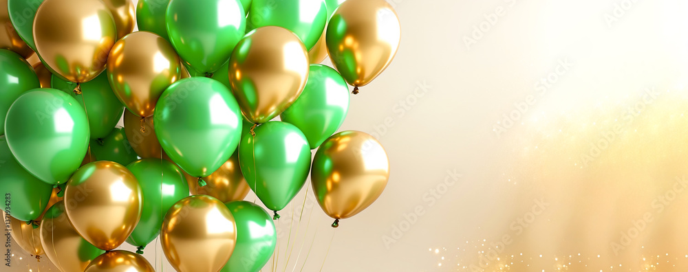 Green and gold balloons with golden background, Dark green and golden helium balloons against shiny gold textured background Green and gold balloons with golden background, Dark green and golden helium balloons against shiny gold textured background