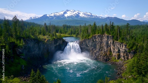 Majestic Waterfall with Mountain View.