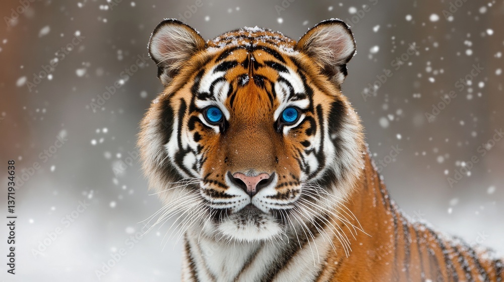Obraz premium Beautiful wild siberian tiger portrait on snow with blue eye