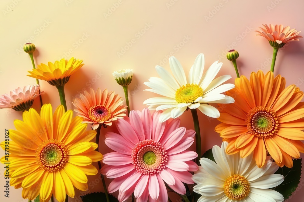 A vibrant arrangement of multicolored daisies in full bloom, showcasing their delicate petals and radiant centers against a soft pastel background. A vibrant arrangement of multicolored daisies in full bloom, showcasing their delicate petals and radiant centers against a soft pastel background.