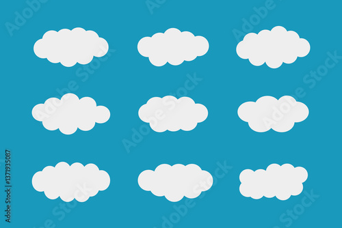 Flat Cartoon Cloud Icons Set on Blue Background. Minimalist White Cloud Collection. Vector Illustration