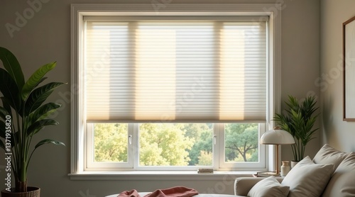 Serene Sunlight Filtering Through Modern Cellular Shades in a Relaxing Living Room