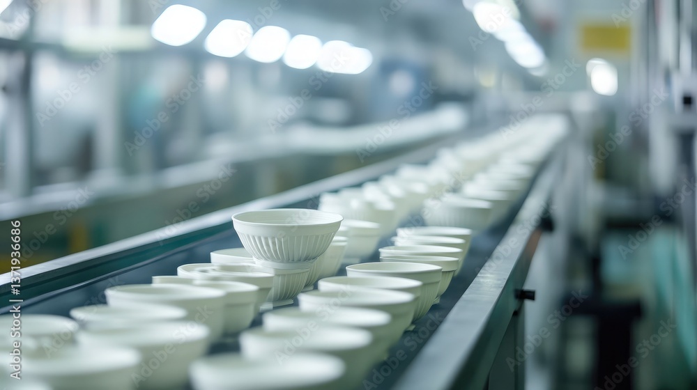 Fototapeta premium A long conveyor belt moving freshly molded ceramic items through a drying process.