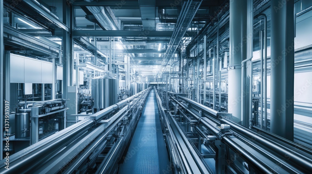 Fototapeta premium A plastic production facility with complex conveyor belt systems.