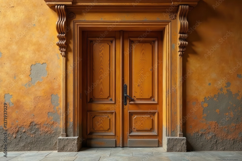 Antique double wooden door entrance nestled within aged ochre wall Antique double wooden door entrance nestled within aged ochre wall