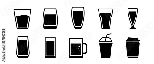 Isolated cute Drink menu vector icon set, Drink water, Milk, Milk tea and Coffee black clip art illustration, Minimal graphic elements for decoration (Editable)