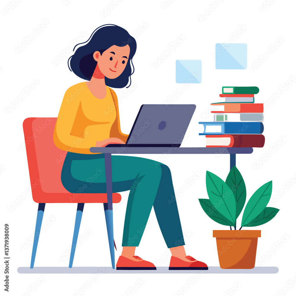a woman is using his laptop sitting on a chair looking in the laptop colourful vector on a white background a woman is using his laptop sitting on a chair looking in the laptop colourful vector on a white background