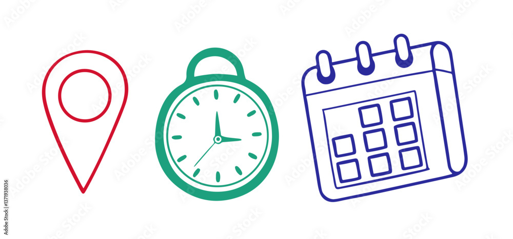 Fototapeta premium Vector Minimalistic Icons representing location, time, and calendar for modern graphic design projects. Commercial use