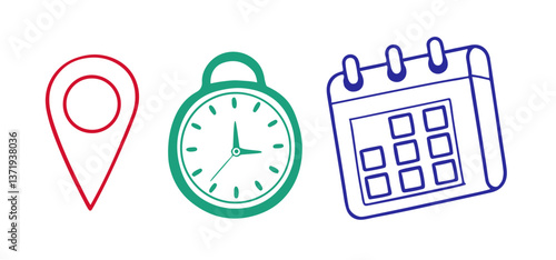 Vector Minimalistic Icons representing location, time, and calendar for modern graphic design projects. Commercial use