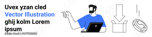 Man pointing while holding a laptop, open box under arrow symbolizing download, coin depicting money. Ideal for technology, instruction, finance, business, digital marketing, e-commerce flat landing