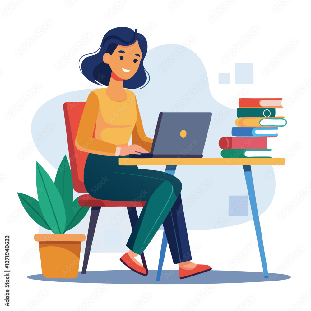 a woman is using his laptop sitting on a chair looking in the laptop colourful vector on a white background a woman is using his laptop sitting on a chair looking in the laptop colourful vector on a white background