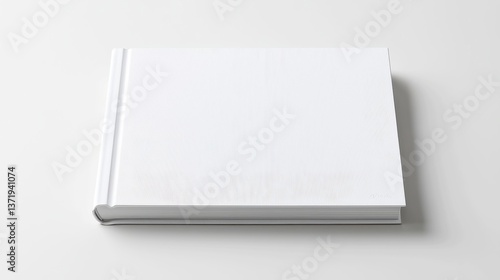 Minimalistic square-format design portfolio book mockup, elevated above a pristine white surface, featuring a blank cover and spine for a sleek, modern aesthetic.