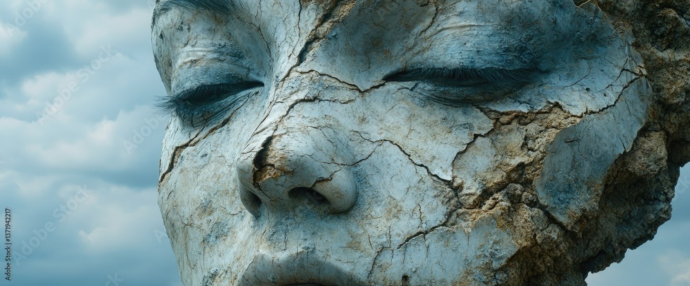 Cracked face, weathered stone, serene eyes. Skies beyond. Texture, weathered and aged Cracked face, weathered stone, serene eyes. Skies beyond. Texture, weathered and aged