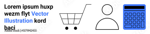 Shopping cart, calculator, and person icon suggesting e-commerce, budgeting, and user-oriented services. Ideal for retail, finance, technology, business marketing education simple landing page