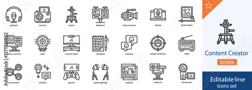 Content Creator Line Icons Collection. Digital Media, Social Media, Blogging, and Online Creativity Outline Icons. Editable Stroke, Vector Illustration.