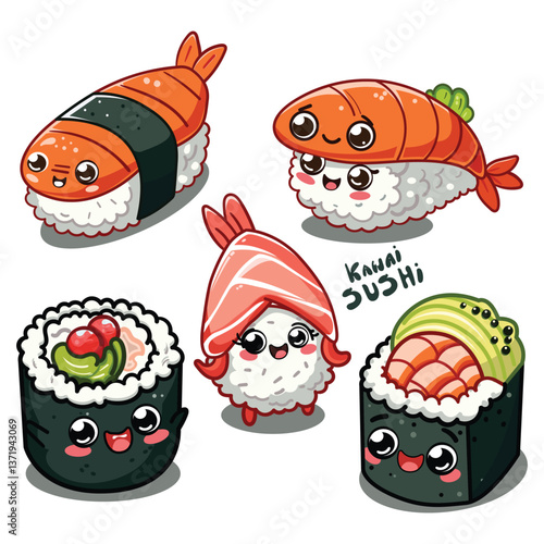 Assorted Japanese sushi and maki rolls on white background