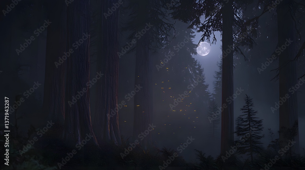 Fototapeta premium Mystical Moonlit Forest: The ethereal glow of the moon casts a spell over a towering forest. The image captures the mystery of the woods at night, creating a sense of wonder and enchantment.