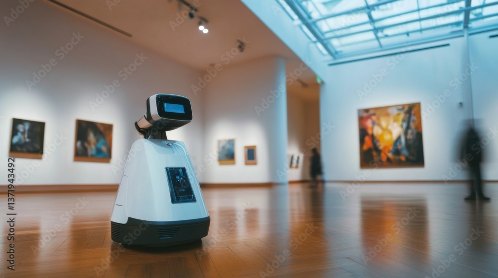 Autonomous robot providing guided tours in a modern art museum, futuristic museum with a robot guiding visitors through art exhibits, High-tech style Autonomous robot providing guided tours in a modern art museum, futuristic museum with a robot guiding visitors through art exhibits, High-tech style