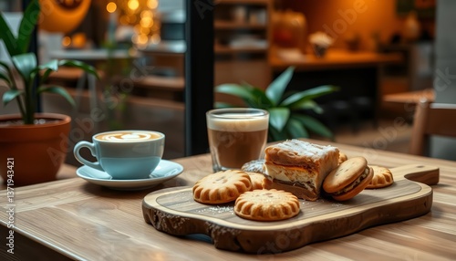 Wallpaper Mural Wooden board with coffee cake cookies, latte art in a cafe window, breakfast setting, food, vintage Torontodigital.ca
