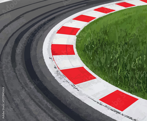 illustration A close-up view of a race track bend featuring tire marks and red and white striped roadside markings.