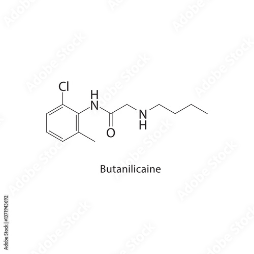 Butanilicaine skeletal structure. Local Anesthetic compound schematic illustration. Simple diagram, chemical formula.