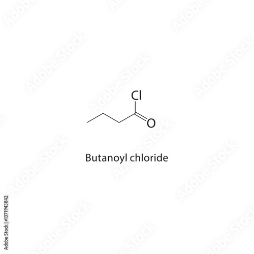 Butanoyl chloride skeletal structure. Acyl Chloride compound schematic illustration. Simple diagram, chemical formula.