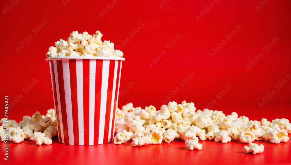 Cinema Popcorn Bucket on Red Background, Sweet & Salty Snack for Movie Night, Theater Marketing, Business Promotion, Food Advertising Cinema Popcorn Bucket on Red Background, Sweet & Salty Snack for Movie Night, Theater Marketing, Business Promotion, Food Advertising