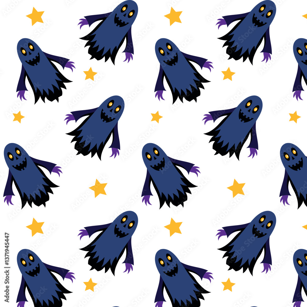 Fototapeta premium A seamless vector pattern featuring cute ghosts and stars adds a playful and enchanting touch to Halloween-themed designs.