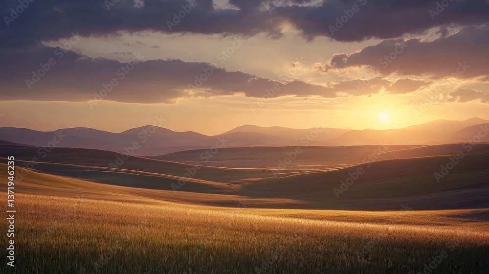 A warm, glowing sunset setting behind rolling cornfields with distant hills. A warm, glowing sunset setting behind rolling cornfields with distant hills.