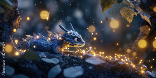 A Little Dragon Wrapped in Fairy Lights Playing in the Snow for Fantasy Illustrations, Whimsical Designs, or Storybook Art