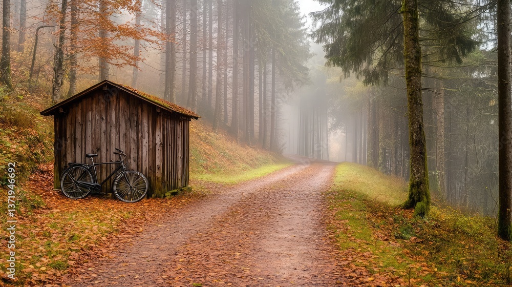 A bicycle parked near a small wooden cabin in the middle of a misty forest. A bicycle parked near a small wooden cabin in the middle of a misty forest.