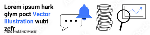 Blue notification bell, speech bubble, stacked coins, magnifying glass with chart. Ideal for finance, communication, marketing, analytics, notifications research simple landing page