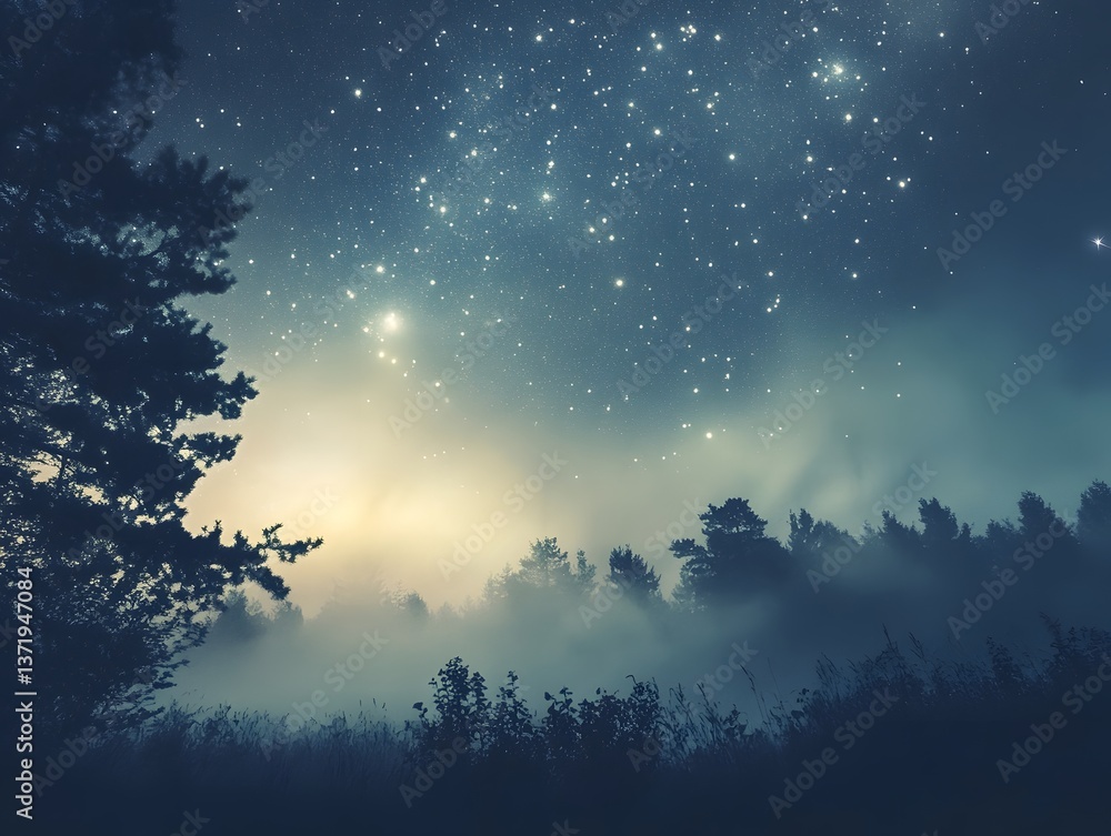 Fototapeta premium 57. A group of stars scattered across a foggy sky during twilight