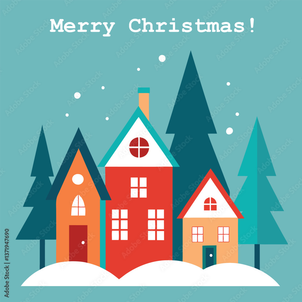 Simple vector winter illustration of houses and trees, christmas, holiday, childish and simple style Simple vector winter illustration of houses and trees, christmas, holiday, childish and simple style