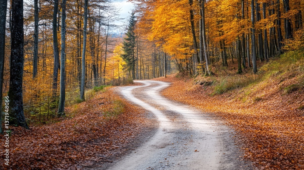 Fototapeta premium A dirt cycling road leading into a golden autumn woodland.