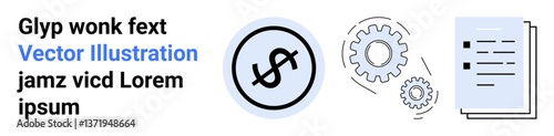 Dollar circle, three interconnected gears, document checklist. Ideal for finance, planning, productivity, payroll, money management strategy analysis. Great for dynamic simple landing page