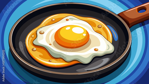 Close-Up of a Perfectly Cooked Fried Egg in a Frying Pan, Golden Yolk and Crisp Edges, 1-shot fried egg on a frying pan
