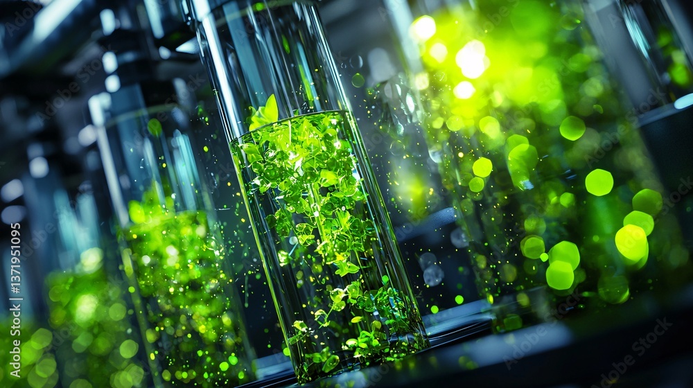 Fototapeta premium Chemicals Laboratory Environmental. Vibrant green plants in transparent containers with glowing lights.