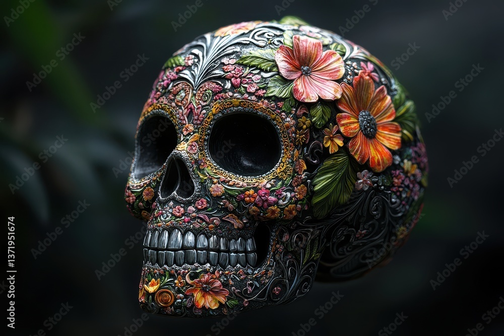 Stunning 3D sugar skull with intricate floral details symbolizes Dia de los Muertos traditions Stunning 3D sugar skull with intricate floral details symbolizes Dia de los Muertos traditions