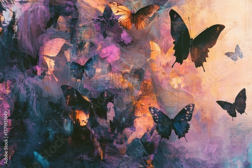 Abstract oil painting with butterflies, combining traditional art and AI to produce modern mixed media
