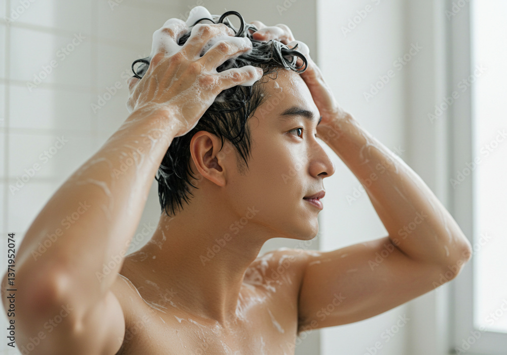 Naklejka premium 若い男性のヘアケア・シャンプー・美容・メンズビューティー ・洗髪