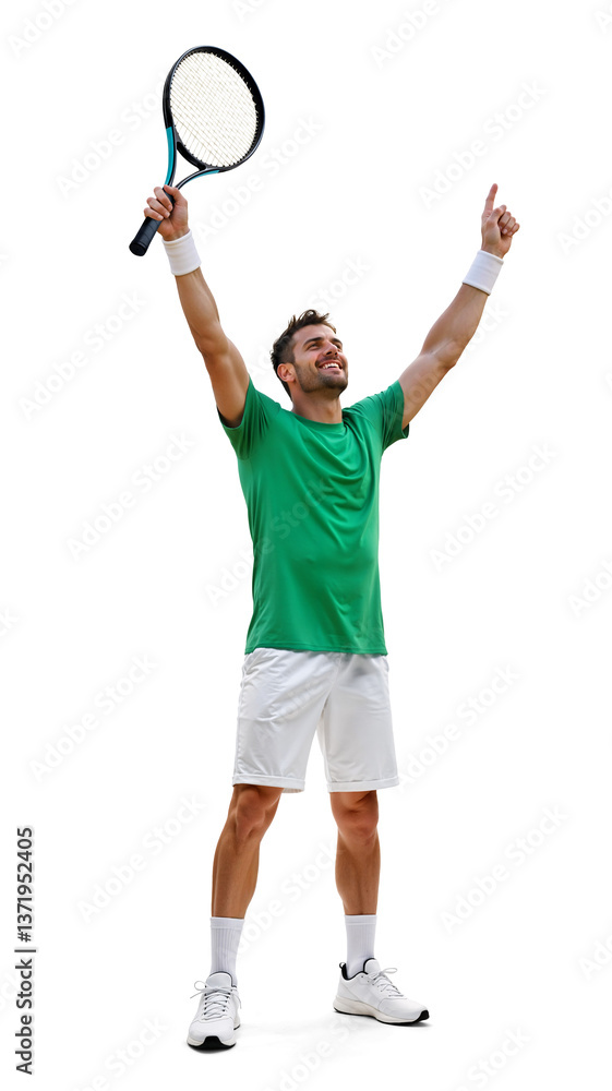 Excited Man Celebrating Tennis Win Holding a Racket High Above