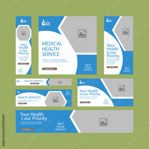 Medical banner cover social media and website design template. Horizontal header page. blue element colors. photo space, cover background for website, Social Media ads.