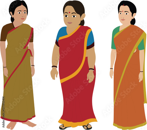 Character set of to traditional Indian women in ethnic dress. Vector illustration of three adult women isolated on white background. Indian Bengali wife in saree vector design eps 10.