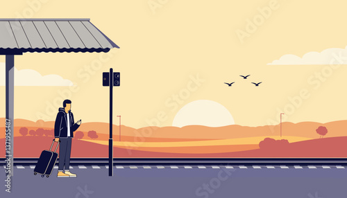 Calm commuter waiting at countryside train station at dawn, peaceful journey